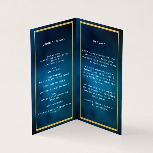 Blauw hemel gouden foto elegant begrafenisprogramm kaart (Binnen)