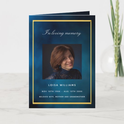 Blauw hemel gouden fotobegrafenis kaart (Voorkant)