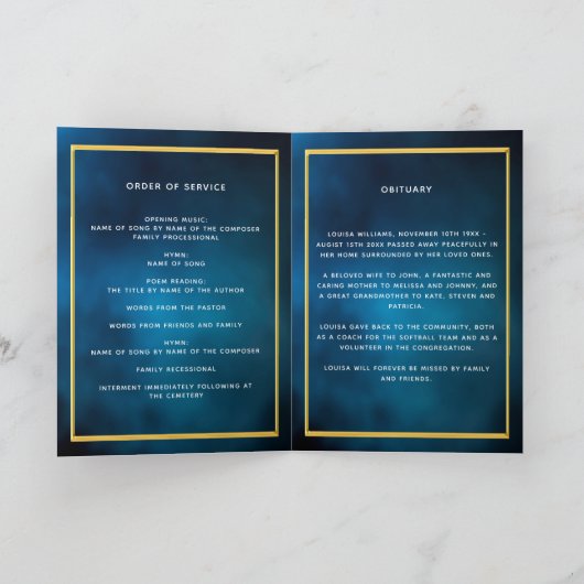 Blauw hemel gouden fotobegrafenis kaart (Binnen)