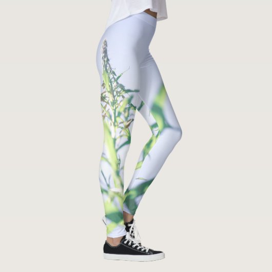 Blauw hemelgroen Plant laat paars bloemen Leggings (Rechts)