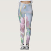 Blauw hemelgroen Plant laat paars bloemen Leggings (Voorkant)
