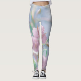 Blauw hemelgroen Plant laat paars bloemen Leggings