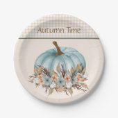 Blauw Herfst Plaid Bloemenpompoen Papieren Bordje (Voorkant)