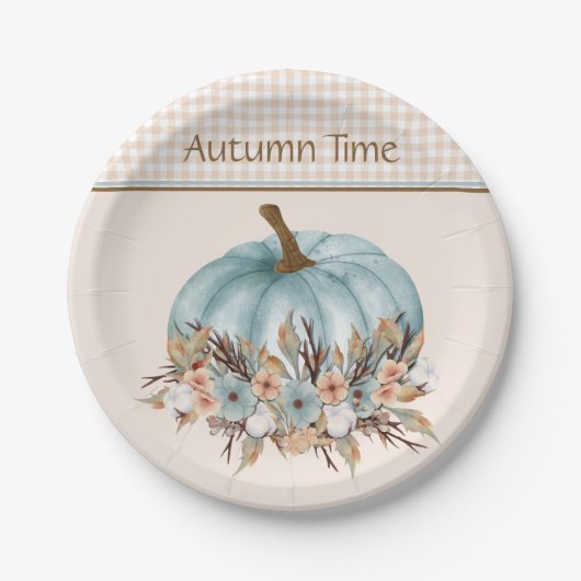 Blauw Herfst Plaid Bloemenpompoen Papieren Bordje (Voorkant)