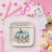   Blauw Herfst Plaid Bloemenpompoen Papieren Bordje (Feest)