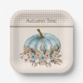   Blauw Herfst Plaid Bloemenpompoen Papieren Bordje (Voorkant)