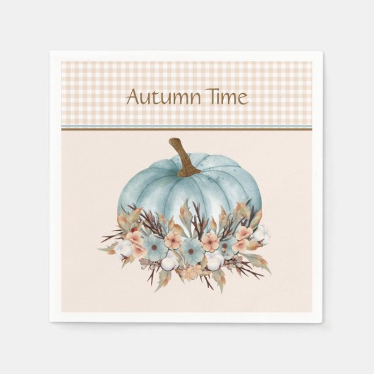 Blauw Herfst Plaid Bloemenpompoen Servet (Voorkant)