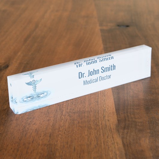 Blauw Hermes Rod Water Ripples Caduceus Medical Naambordje (Zijkant)