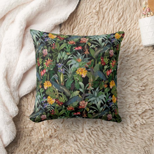 Blauw Heron Tropisch Oerwoud Patroon zwart Kussen (Deken)