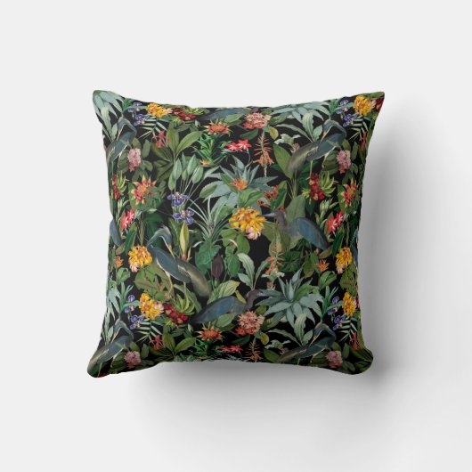  Blauw Heron Tropisch Oerwoud Patroon zwart Kussen (Achterkant)