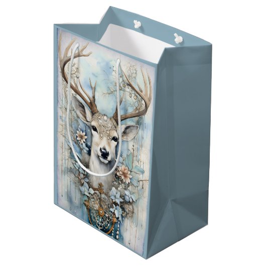 Blauw hert met bloemenkrans medium cadeauzakje (Achterkant Gekanteld)