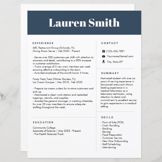 Blauw Hervatten | Hervatten van één pagina | CV op (Voorkant / Achterkant)