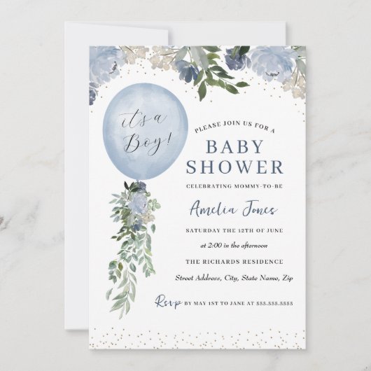 Blauw Het is een Baby shower van een Jongen ballon Kaart (Voorkant)