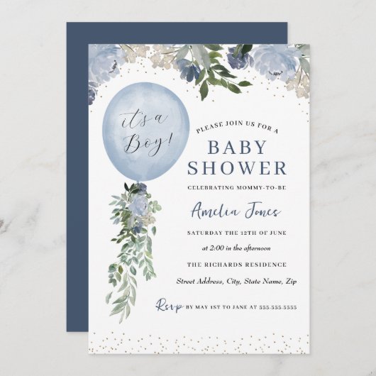 Blauw Het is een Baby shower van een Jongen ballon Kaart (Voorkant / Achterkant)