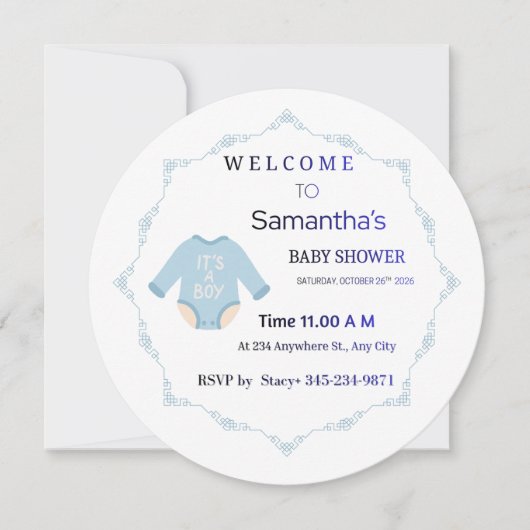 Blauw 'Het is een jongen' babyshower uitnodiging (Voorkant)