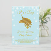 Blauw Het is een Jongen Unicorn Winter Baby shower Kaart (Staand voorkant)