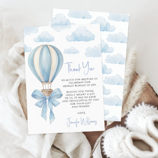 Blauw hete luchtballon avontuur baby jongen shower bedankkaart