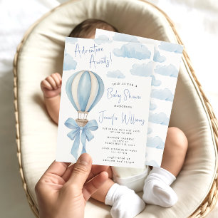 Blauw hete luchtballon avontuur wacht baby shower kaart
