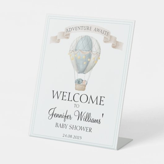 Blauw heteluchtballon baby shower-welkomstbord reclamebord met voetstuk (Voorkant)