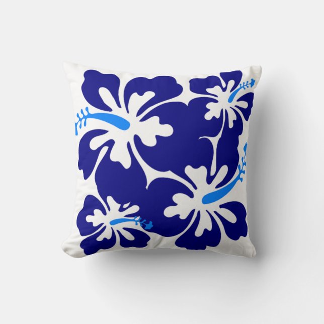 Blauw Hibiscus Patroon Kussen (Voorkant)