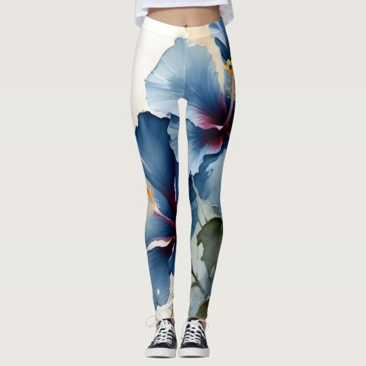   Blauw hibiscus waterverf schilderij Leggings (Voorkant)