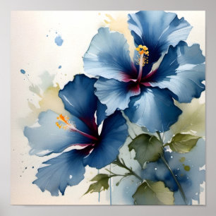   Blauw hibiscus waterverf schilderij Poster