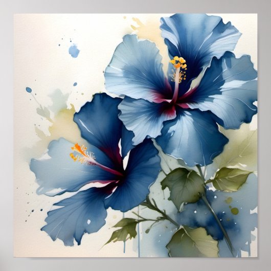   Blauw hibiscus waterverf schilderij Poster (Voorkant)