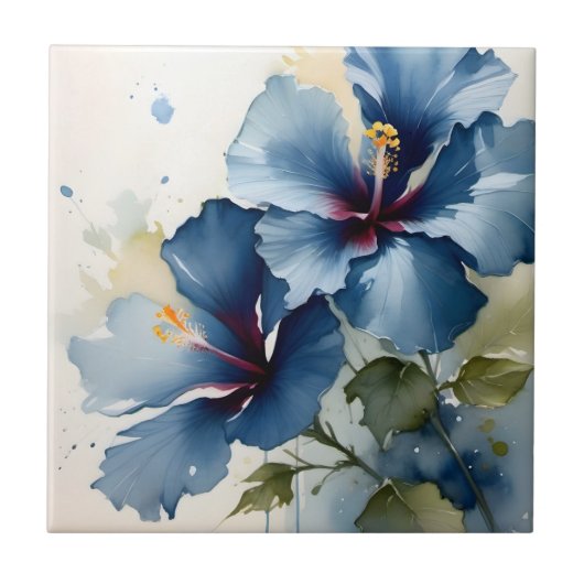   Blauw hibiscus waterverf schilderij Tegeltje (Voorkant)