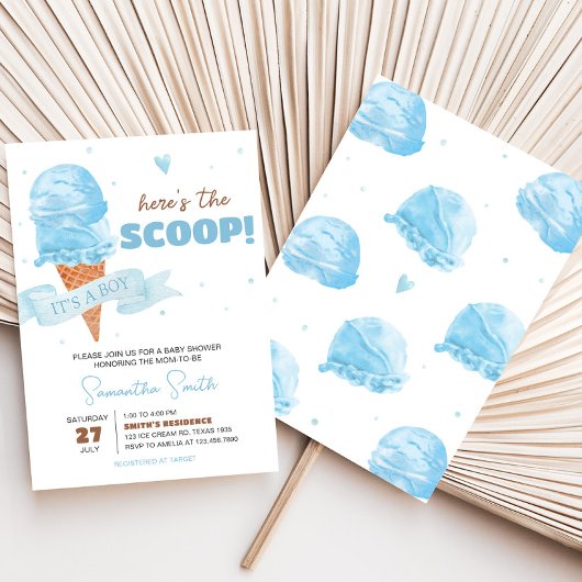 Blauw Hier is het Scoop Baby shower Kaart
