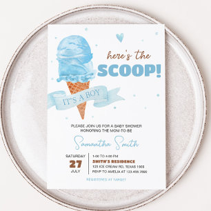 Blauw Hier is het Scoop Baby shower Kaart