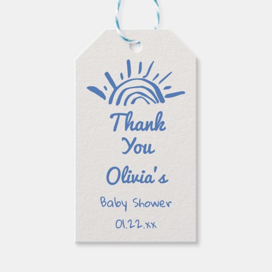 Blauw Hier komt het met de hand getekende Baby sho Cadeaulabel (Voorkant)