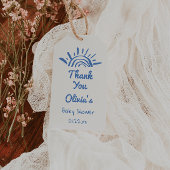 Blauw Hier komt het met de hand getekende Baby sho Cadeaulabel