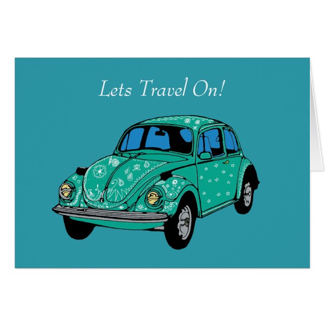 Blauw Hippie Auto Art Tekening Briefkaart (Voorkant Horizontaal)