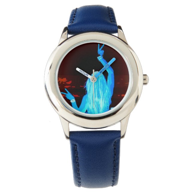 blauw hippiemeisje met vredelievend bord horloge (Voorkant)