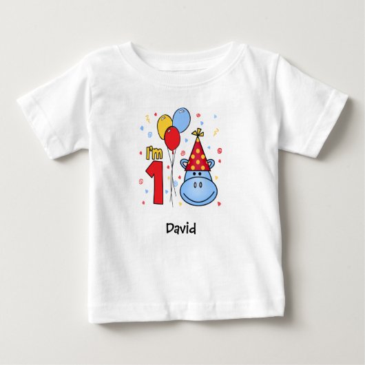 Blauw Hippo Gezicht Eerste Verjaardag Baby T-shirt (Voorkant)