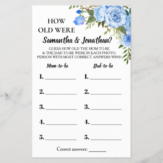 Blauw Hoe oud waren ze onder de tweetalige spelkaa Flyer (Voorkant)