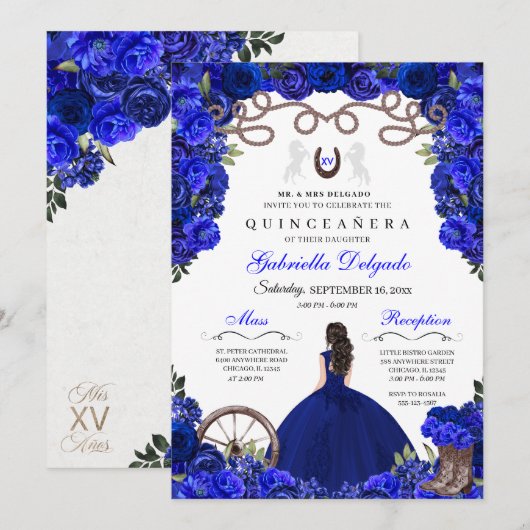 Blauw Hoefijzer Western Charra Floral Quinceanera Kaart (Voorkant / Achterkant)