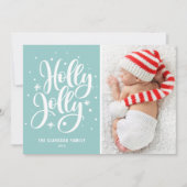 Blauw Holly Jolly Hand Lettering Baby Foto Feestdagenkaart (Voorkant)