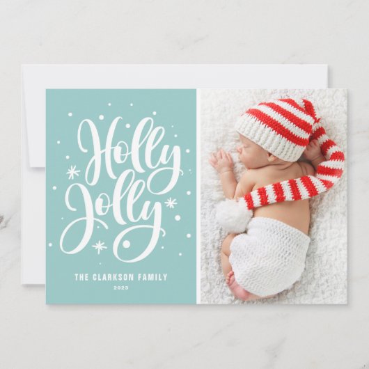 Blauw Holly Jolly Hand Lettering Baby Foto Feestdagenkaart (Voorkant)