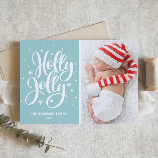 Blauw Holly Jolly Hand Lettering Baby Foto Feestdagenkaart