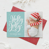 Blauw Holly Jolly Hand Lettering Baby Foto Feestdagenkaart