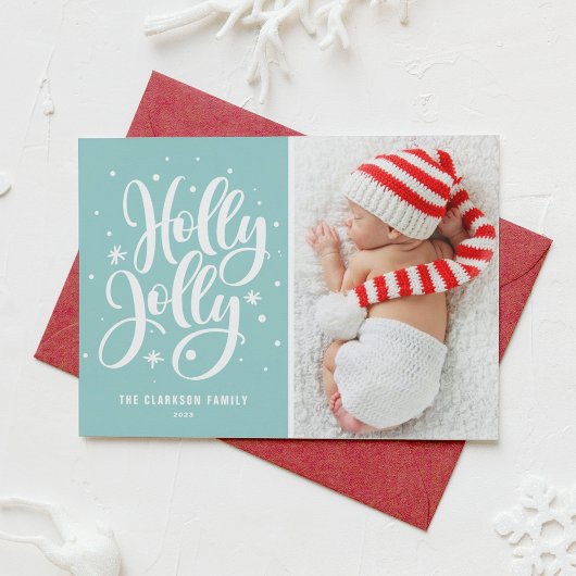 Blauw Holly Jolly Hand Lettering Baby Foto Feestdagenkaart