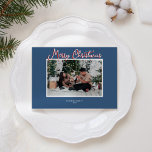 Blauw Holly Jolly Vrolijk Kerstfeest Foto en brief Feestdagenkaart<br><div class="desc">Dit Blue Holly Jolly Merry Christmas Photo and Letter Holiday Kaart ontwerp heeft eenvoudige, lichte en vrolijke achtergronden van blauw en rood met strakke witte randen en klassieke typografie, verfraaid met een grillig snoepriet-stijl script voor titels en kopteksten. Maak er een vrolijk en vrolijk kerstfeest van met dit leuke, feestelijke...</div>