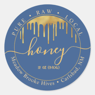 Blauw Honing Label Gouden Drips en Decoratief Lett