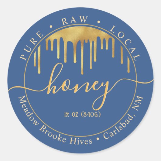Blauw Honing Label Gouden Drips en Decoratief Lett (Voorkant)