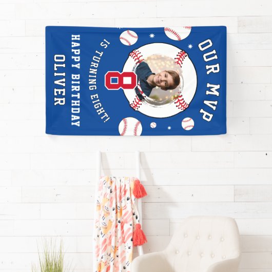 Blauw honkbalthema kinderverjaardagsfoto spandoek (Insitu)