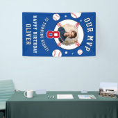 Blauw honkbalthema kinderverjaardagsfoto spandoek (Beurs)