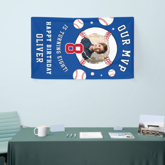 Blauw honkbalthema kinderverjaardagsfoto spandoek (Beurs)