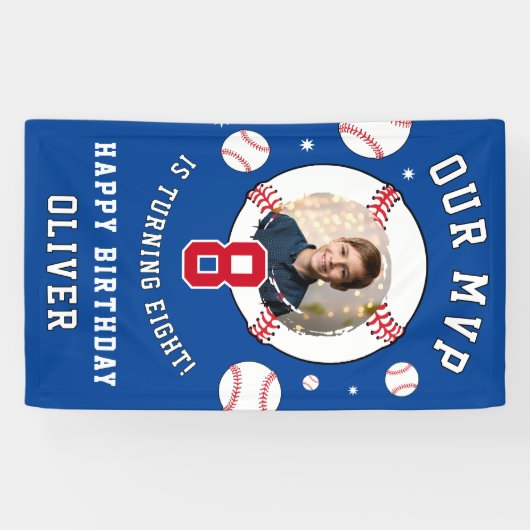 Blauw honkbalthema kinderverjaardagsfoto spandoek (Horizontaal)