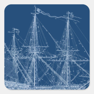 Blauw hoog zeilschip blauwdruk vierkante sticker